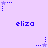 Pixelated purple background with blue text 'eliza' and star-shaped icons in various states of animation.
