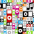 pixelated icons featuring red, pink, black, white, and gray shapes with circular targets on a multicolored background