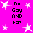 Bright pink background with white star shapes and repeated black text reading 'Im Gay AND Fat' in pixelated font.