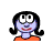 Pixelated cartoon-style buddy icon of a character with light purple skin, black shoulder-length hair, large white eyes with black pupils, and an orange top against a gray background.