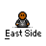 Animated contact sheet of a pixel art character with orange skin and gray jacket performing subtle hand movements across 20 frames, labeled "East Side" under each frame on a gray background.