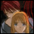 A 48x48 pixel buddy icon featuring two anime-style characters on the left and text elements on a black background to the right, presented as a contact sheet with two frames.