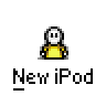 Animated contact sheet of a pixel art stick figure in yellow shirt with multiple expressions and text bubbles promoting 'New iPod' across seven sampled frames.