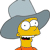 Yellow-skinned cartoon character with wide eyes, open mouth showing teeth and tongue, wearing large gray cowboy hat and orange shirt.