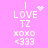 Pixelated text and symbols on a pink background with animated heart and star effects above 'I LOVE TZ' and below 'XOXO <333'.