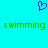 A cyan background displays a blue pixelated heart symbol above two green pixelated 'swimming' texts.