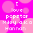 Pixelated text on a pink background with light pink circles, stating "I love popstar Miley a.k.a Hannah" in white block letters.