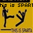 Yellow background with black silhouettes of two figures in martial arts poses, text reading "SPARTA" and partial phrases above and below.