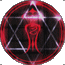 Circular icon with red neon outline and black background, featuring a stylized figure in the center surrounded by white triangular lines