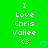 Green background with white pixelated text reading "I Love Chris Vallee" and two heart symbols, one blue and one white.