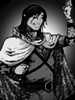 Four grayscale character illustrations arranged in a , each with distinct poses and attire, rendered in a stylized comic book style with high-contrast shading
