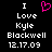 Black background with white pixelated text reading "I Love Kyle Blackwell 12.17.09" and a pink pixelated heart symbol above the text.