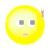 Yellow circular face with gray square eyes and pink mouth, featuring a small pink-and-brown hair clip on the left side.