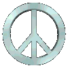A silver peace symbol icon rotates through multiple angles against a gray background, showing front, side, and partial views.