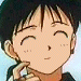Anime character with black hair and light skin winking, then opening eyes, then winking again, hand near chin, light blue background.