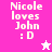 Pixelated text 'Nicole loves John : D' on pink background with white star and pink star icons.