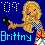 Pixelated static buddy icon featuring a blonde woman with closed eyes holding a green bottle against a blue background, with the name "Britny" in light blue text at bottom and white pixel-art symbols at top left.