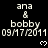 Pixelated text displays 'ana & bobby' with date '09/17/2011', repeated across a black background with white hearts, transitioning to partial visibility on the right.