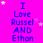 A bright pink background displays repeated text "I Love Russel AND Ethan" in blue pixelated font with scattered white and light pink stars.