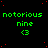 Green text 'notorious nine' with a left-pointing arrow below on black background, repeated in pattern with red dots scattered