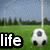 Pixelated soccer field with goal net, green grass, trees, and blue sky; soccer ball moves across field while 'life' text appears on left.