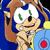 Animated Sonic the Hedgehog character with brown hair, blue body, green eyes, and a red mouth, holding a brown object against a blue background.