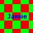 Green and red checkered background with blue text 'Jamie' in four positions, transitioning from square to diamond pattern.