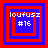 Four square display pixelated text 'loufusz #16' within nested red and blue borders, with varying border arrangements across the