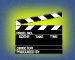 Two side-by-side frames of a clapperboard icon with black-and-white striped top, yellow glow background, and pixelated text on the board.