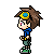 Pixel art contact sheet showing six frames of a cartoon character running animation with blue shirt, green pants, and yellow head accessory on gray background.