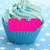 A cupcake with light blue frosting and white sprinkles, overlaid with a bright pink text box reading 'ErinP' on a light blue polka-dot background.