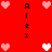 Red background with pixelated hearts and vertical text reading "Alex" in black.