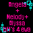 Pixelated text and cyan square symbols on black background, with pink text reading "Angela + Melody + Alyssa Off's 4eva" in two vertical