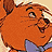 Pixelated orange cartoon character with brown ears, black eyes, and a purple collar, mouth open in a smile against a light beige background.