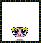 Pixelated cartoon character with pink face, blue eyes, and yellow pigtails in four positions showing slight vertical movement