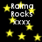 Black background with yellow stars and repeated white text reading "Raima Rocks XXXX" in pixelated font.