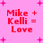 Pixelated red text on pink background reads "Mike + Kelli = Love" with pink plus signs scattered around, showing animation changes in text and plus sign positions.