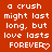 A red background displays repeated white text reading "a crush might last long, but love lasts FOREVER" with a heart symbol at the end of each line.