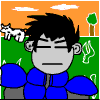 Pixelated cartoon character with black spiky hair and blue jacket, standing in front of green field with white cow and tree under orange sky.