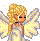 Pixelated static icon of a winged doll with blonde hair, closed eyes, and black rectangular mouth against gray background.