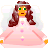 Pixelated angel figure with brown hair, green eyes, and pink dress holding hands in a static pose against gray background.