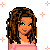 Pixel art buddy icon featuring a cartoon character with brown curly hair, green eyes, and orange skin wearing a pink crop top and white pants, surrounded by small pink plus signs on a transparent background.