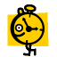 A 4-frame animated contact sheet showing a yellow stopwatch character with stick-figure limbs running across four panels on a solid yellow background.