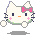Pixelated white cat face with pink bow, black eyes, orange nose, and pink cheeks on gray background.