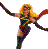 Pixelated figure with blonde hair in dynamic pose, arms extended horizontally, wearing dark bodysuit with multicolored accents against gray background.