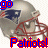 identical football helmet icons with red face masks and blue team logos, each labeled 'Patriots!' in red text below the helmet