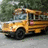 A static image with a yellow school bus on the left and red background text on the right.
