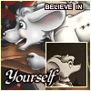 Animated cartoon dog with light gray fur and large ears, mouth open in a smile, positioned above a smaller inset image of a dog head, with text reading BELIEVE IN and Yourself.