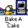 Animated contact sheet showing 15 frames of a pixel art animation featuring a yellow stick figure baking in an oven, with pie charts tracking progress and repeated "Bake A Cake" text.