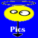 Animated contact sheet showing four frames of a yellow oval character with changing eye positions and halo rings against blue background, including text "Pics" between top-left and bottom-left frames.